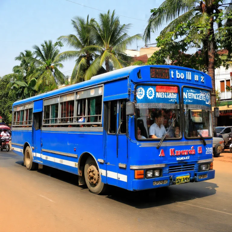 A Vibrant Blue Public City Bus Driving Along A Busy Street I...