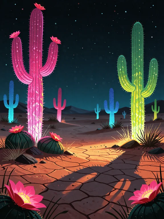 A Vast, Cracked Desert Landscape At Night Lit Entirely By En...