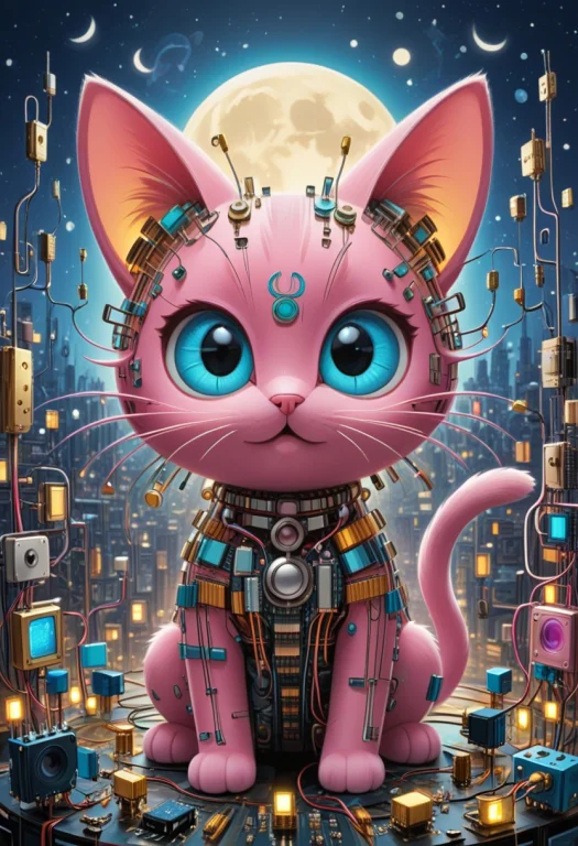 All Made Of Transistors, Cute Pink And Blue Cat, Stylized Wo...