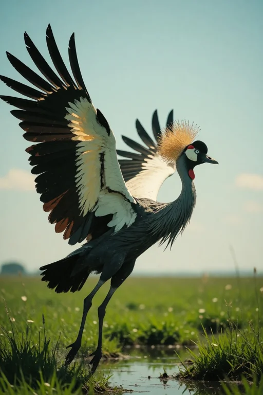 Nature, A Grey Crowned Crane Taking Off From A Kenyan Marsh,...