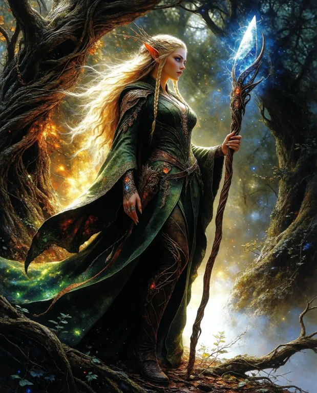 Full Body Angle, Low Angle Shot Of A Female Elf Wizard With...