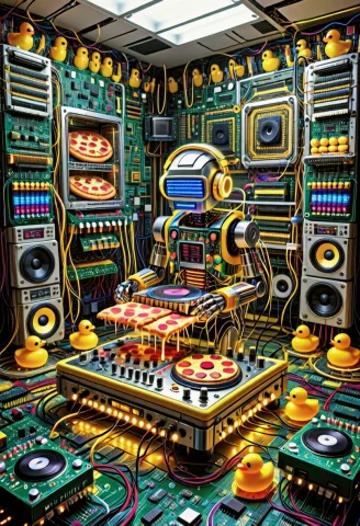 Transistors Style Robot, Body Built Of Stacked Colorful Circ... — SDXL AI Prompt: Transistors style robot, body built of stacked colorful circuit boards, rows of...