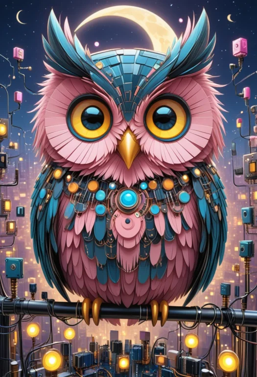 All Made Of Transistors, Cute Pink And Blue Owl, Stylized Wo...