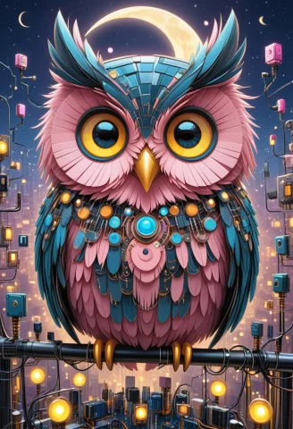 All Made Of Transistors, Cute Pink And Blue Owl, Stylized Wo... — SDXL AI Prompt: All made of Transistors, cute pink and blue owl, stylized world, big eyes, carto...