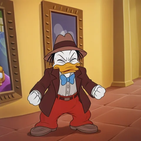 1boy, Bow, Shirt, Bowtie, Hat, Male Focus, Pants, Mister Duc... — Stable Diffusion AI Prompt: 1boy, bow, shirt, bowtie, hat, male focus, pants, Mister Duck, Clenched Hands, S...