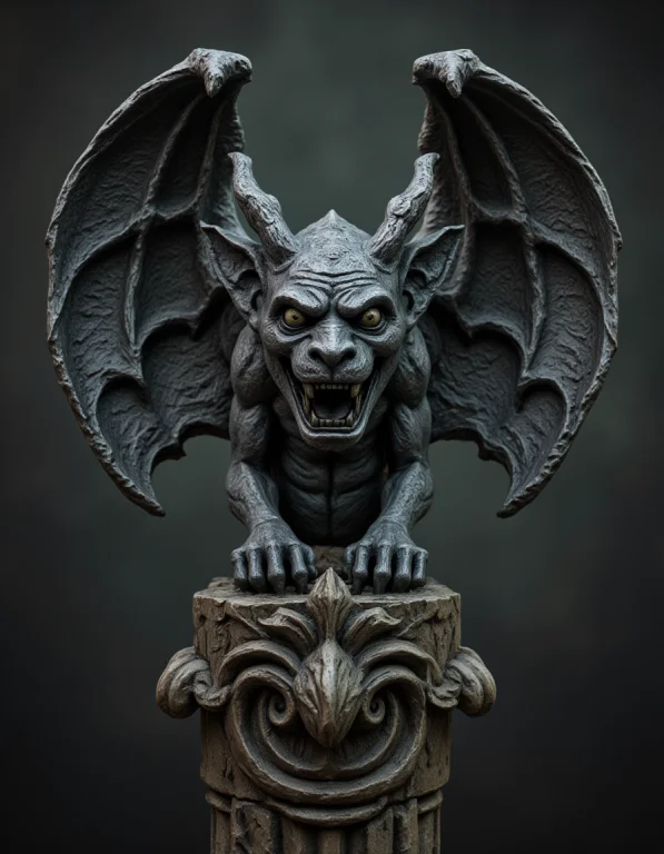 Stone Sculpture Of A Head Of A Gargoyle On Top Of A Circular...