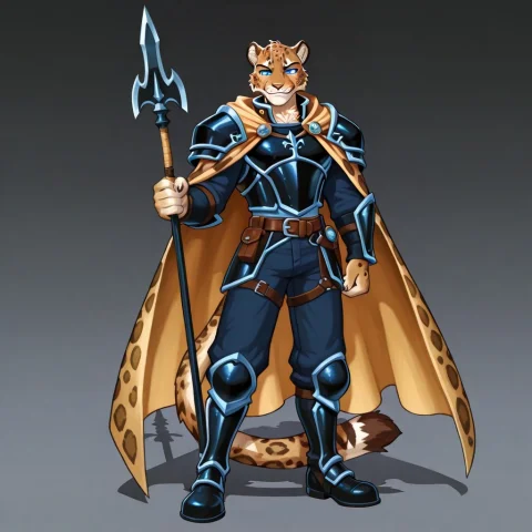 A Regal Anthropomorphic Male Leopard Hunter In Fitted Dark L... — Stable Diffusion AI Prompt: “A regal anthropomorphic male leopard hunter in fitted dark leather armor and a...