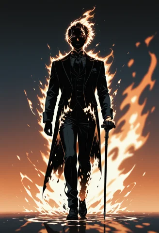 1man, Victorian Era, Solo, Walking Forward, Straight On, Ser... — Stable Diffusion AI Prompt: 1man, victorian era, solo, walking forward, straight on, serious, fire, holding...