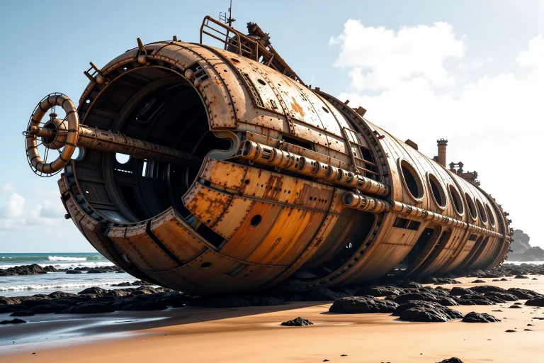 Dos, Depiction Of Ship, A Colossal Abandoned Marine Vessel L...
