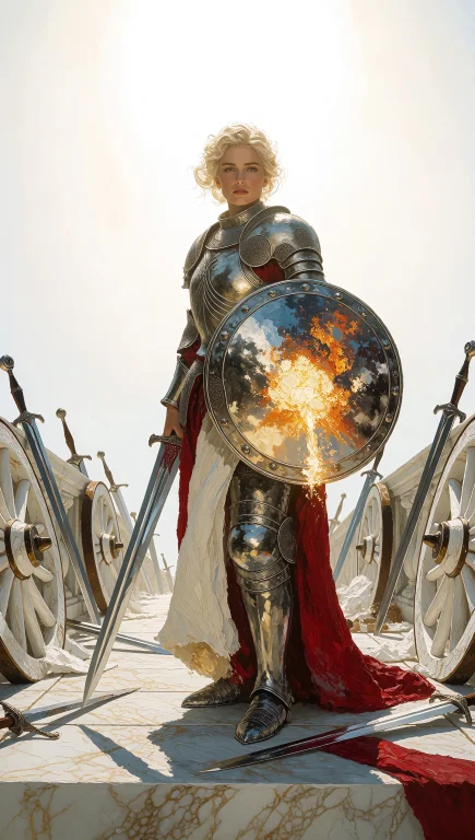 Wide Dramatic Shot, Legendary Heroine In Dented Silver Plate...
