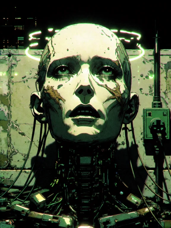 Close-up On A Gaunt Cyborg-mystics Face, Exposed Spinal Impl...