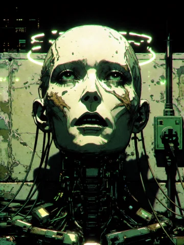 Close-up On A Gaunt Cyborg-mystics Face, Exposed Spinal Impl... — Stable Diffusion AI Prompt: Close-up on a gaunt cyborg-mystic's face, exposed spinal implants running up the...