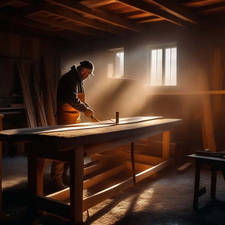 A Carpenter Measuring Timber In A Dusty Workshop, Volumetric...