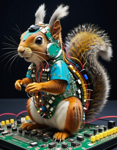 Dj Squirrels At A Rave Made Of Transistors, Dense Circuitry,... — SDXL AI Prompt: DJ Squirrels at a rave made of Transistors, dense circuitry, colorful transistor...