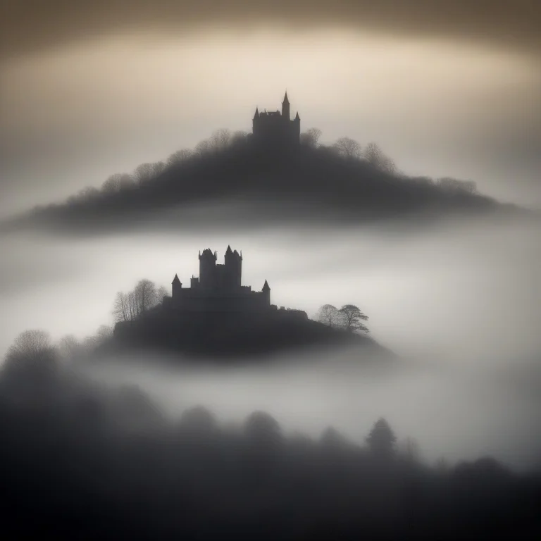 A Hilltop Castle Wreathed In Low Cloud, Backlit Silhouette,...
