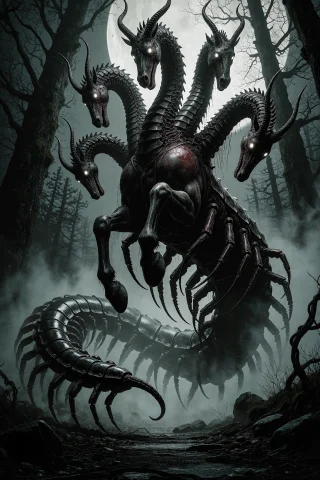 A Gigantic Nightmare Creature Combining A Powerful Horse, A... — Stable Diffusion AI Prompt: A gigantic nightmare creature combining a powerful horse, a colossal centipede a...