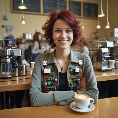 Female Transistors, In A Coffee Shop, Standing, Smiling, Sol... — SDXL AI Prompt: Female Transistors, In a coffee shop, Standing, smiling, solo