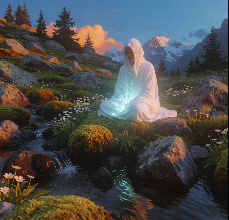 Yfg-fwshn A Robed Figure Sits In Deep Meditation Within An A...