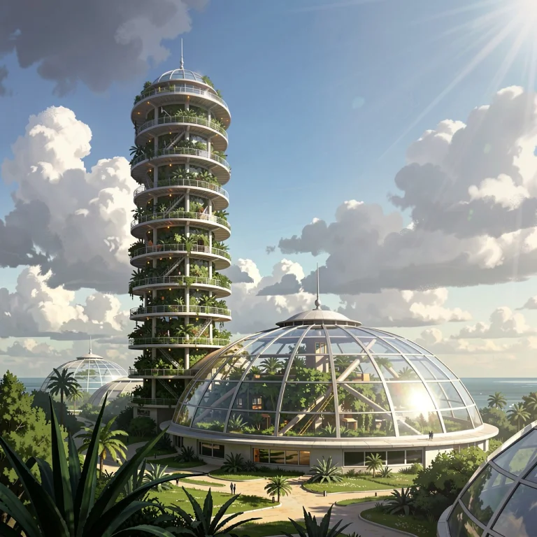 A Vertical Farm Tower Feeding A Domed Colony, Digital Painti...
