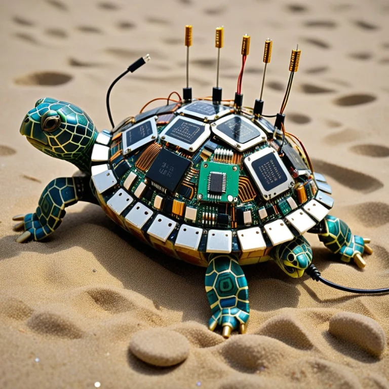 Lazypos, Nice Cute Turtle Made Of Transistors, On The Sand B...