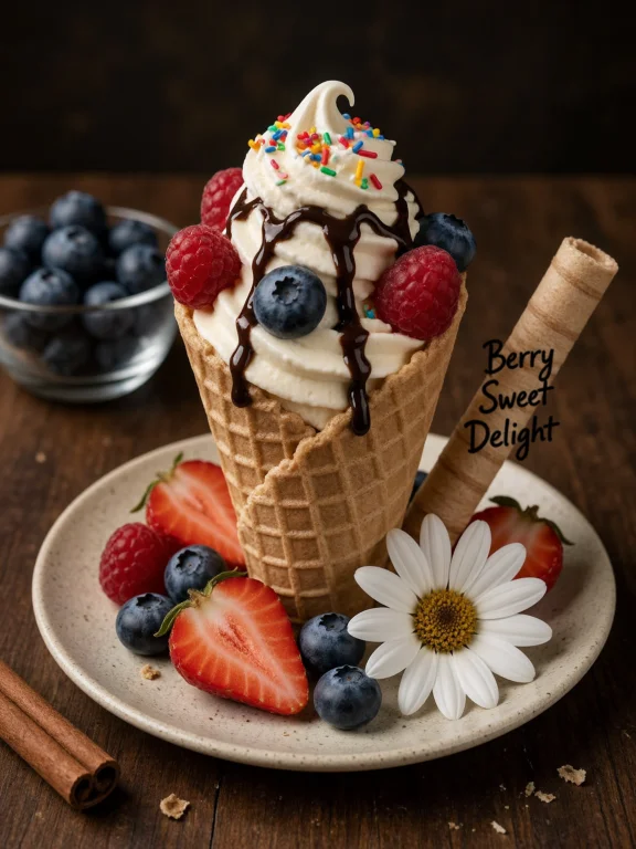 A Close-up, Warmly Lit Food Photograph Shows A Waffle Cone F...