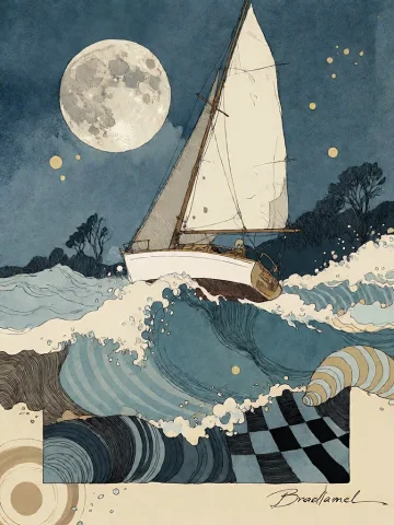 Bradhamel Art Style.a Serene Nocturnal Seascape Featuring A... — Stable Diffusion AI Prompt: Bradhamel art style.A serene nocturnal seascape featuring a white sailboat with...