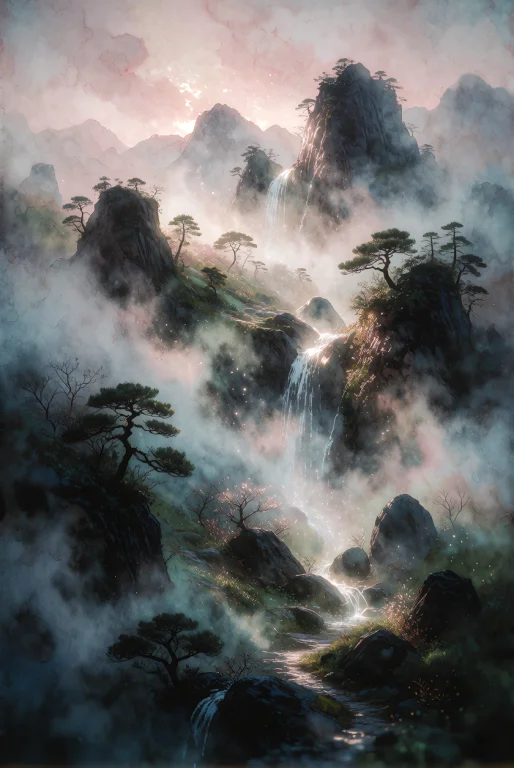 Main Description A Serene, Mist-laden Mountain Valley At Daw...