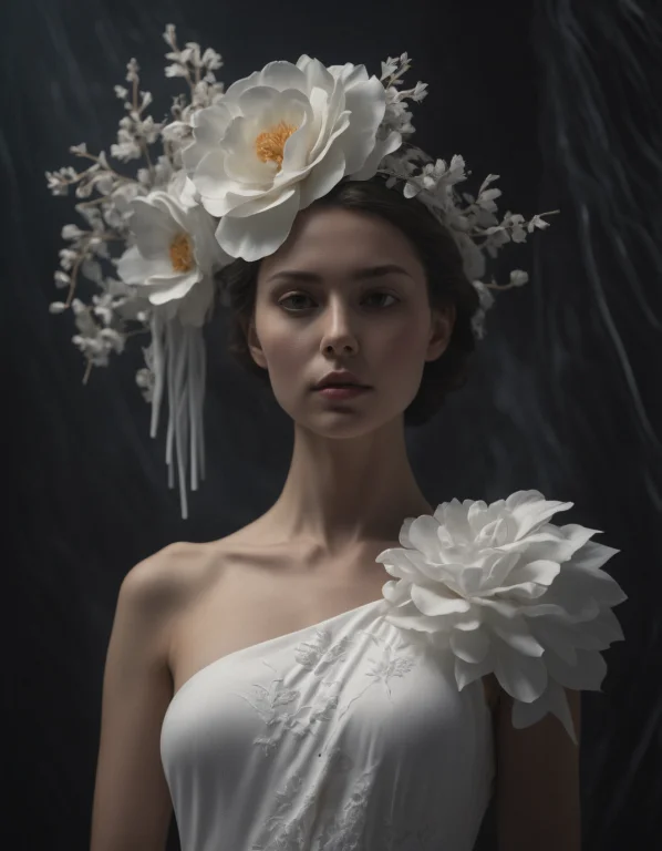 A White Dress With A Flower On The Shoulder And A White Dres...