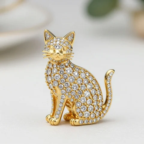 A Gold And Diamond Piece Of Jewelry The Piece Is Shaped Like... — Stable Diffusion AI Prompt: a gold and diamond piece of jewelry; the piece is shaped like a cat