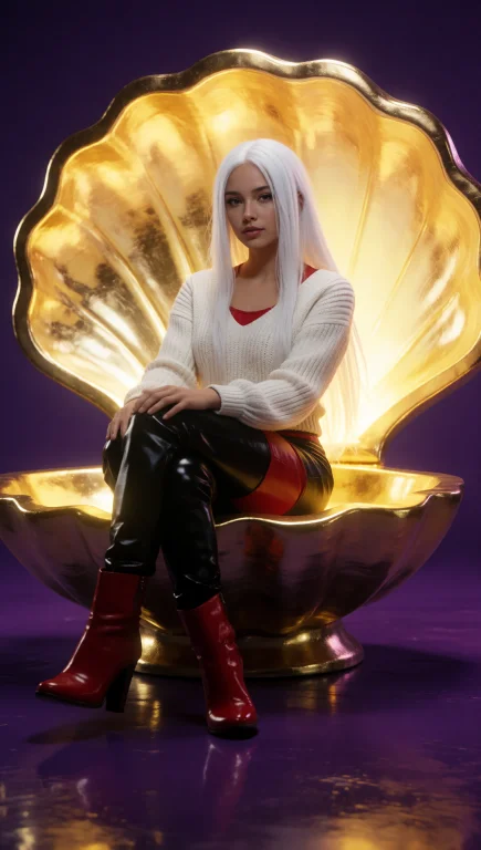 A Young Woman With Long, Straight White Hair Parted In The M...
