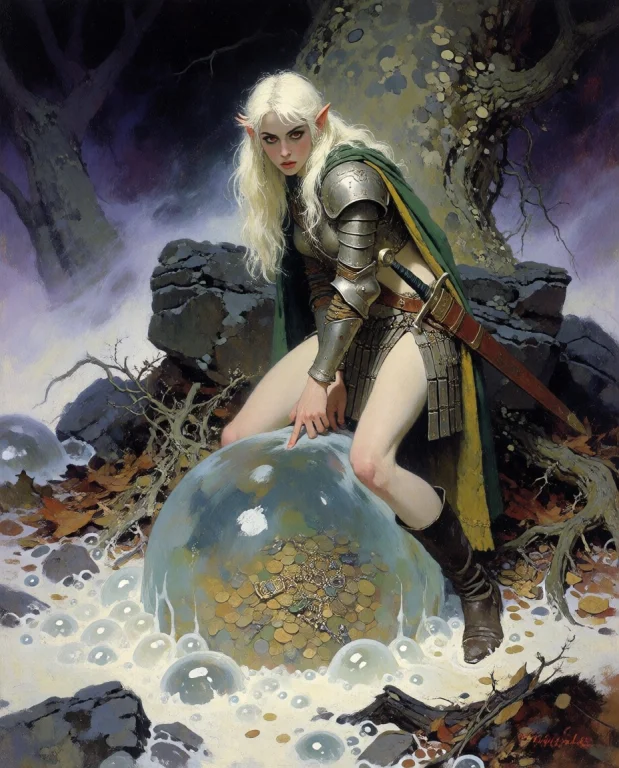 A Pale Elf Woman, Beautiful Elven Face. Standing Behind A Gi...