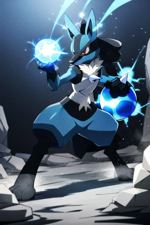 Lucario, Red Eyes, Attack Stance, Casting A Blue Energy Ball...