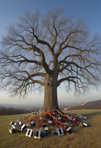 Half Transistors, Oak Tree On Top Of Hill, Wide Spreading Br... — SDXL AI Prompt: half Transistors, Oak tree on top of hill, wide spreading branches,