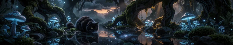Dark Fairytale Scene, A Fluffy Black Cat With Thick Soft Fur...