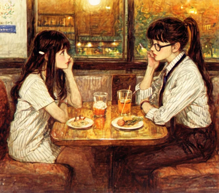 Colored Lithograph Of Friends Having Lunch In A Restaurant L...