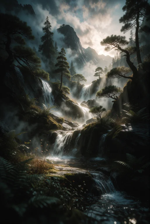Assistant A Serene Mountain Valley At Dawn, Where Distant Pe...