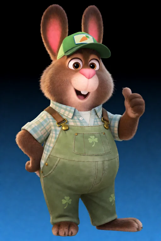 Stu A Fat Brown Rabbit Guy, His Ears Are Upwards, He Is Wear...