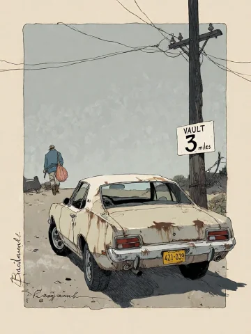 Bradhamel Art Style. A Vintage, Weathered Beige Muscle Car W... — Stable Diffusion AI Prompt: Bradhamel art style. A vintage, weathered beige muscle car with a faded license...