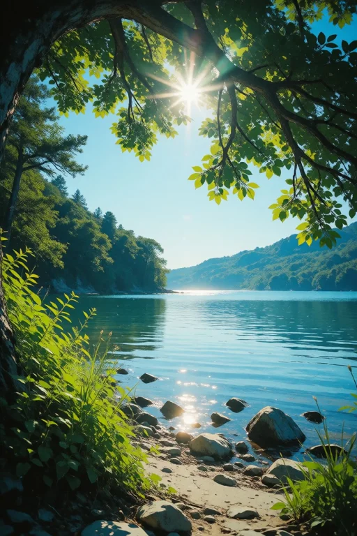 Nature, A Vertical Landscape Photograph Of A Tranquil Lake S...