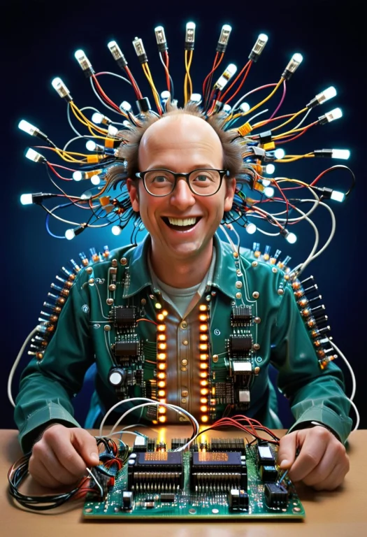 Transistors, A Circuit Board Man Sitting At A Desk, Glasses,...