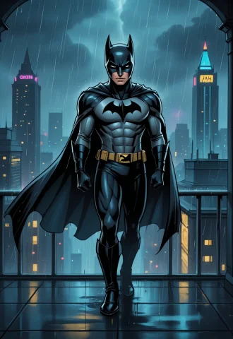 A Brooding Batman Stands On A Rain-drenched Gotham Rooftop,... — Stable Diffusion AI Prompt: A brooding Batman stands on a rain-drenched Gotham rooftop, cape billowing, jaw...