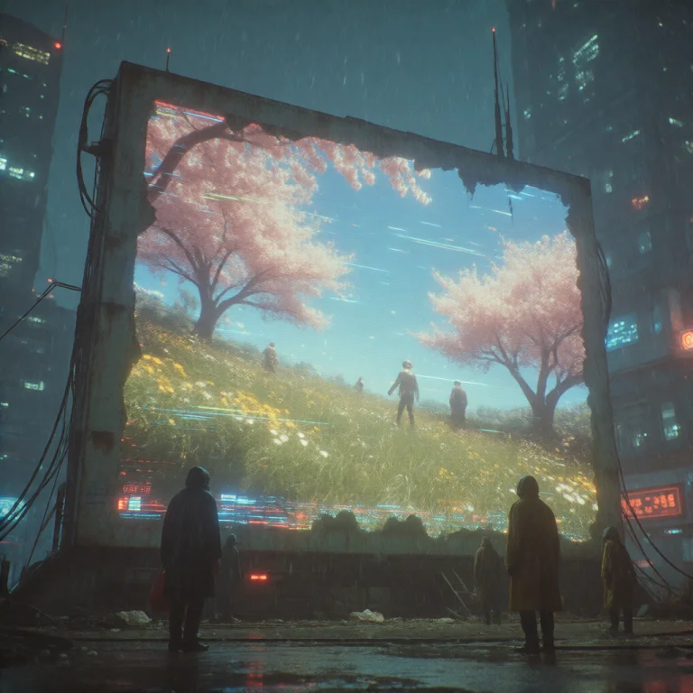 Urban Cybercore Movie Still, A Vast Holographic Projection O...