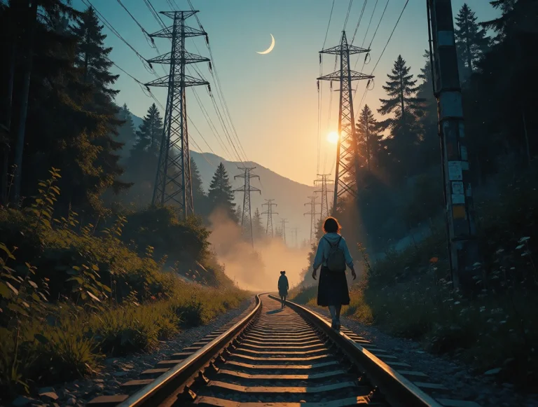 Cinematic Realistic Dusk Landscape Of A Curving Railway Thro...
