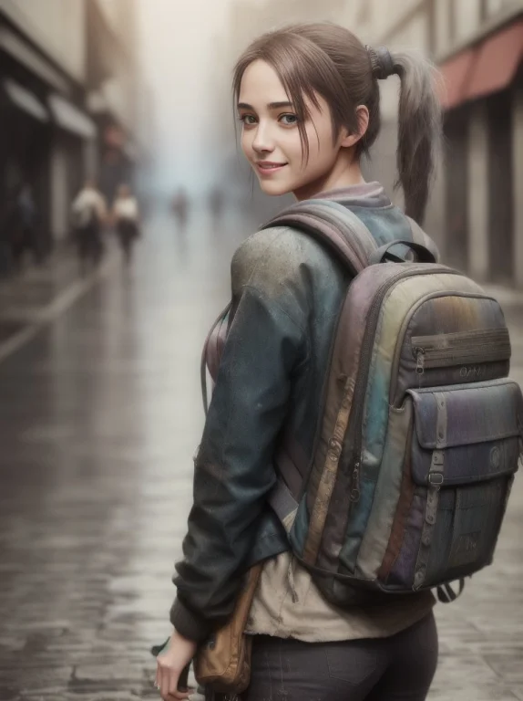A Young Woman, Street Smiling, Backpack, Ponytails, Epic Rea...