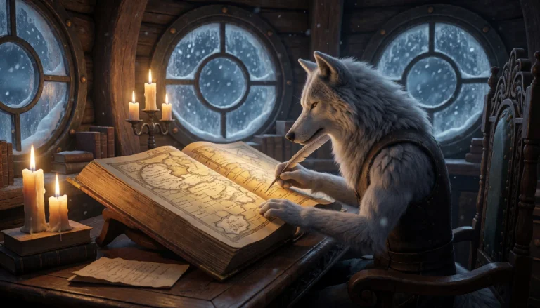 A Silver Wolf Seated At A Carved Wooden Desk Inside A Candle...
