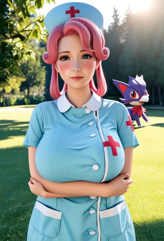 V3x-n41r, 1girl, Upper Body, Nurse Joy Pokemon, Blush, Outdo...