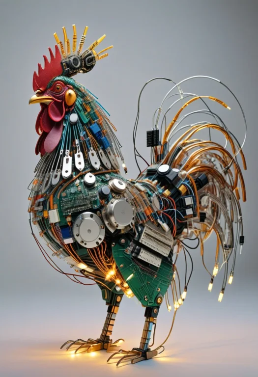 8k, Raw Digital Photo, A Mechanical Proud Rooster Made Of Re...