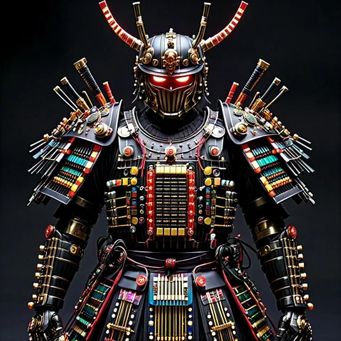 Transistors, A Traditional Japanese Samurai Suit Of Armor Ma... — SDXL AI Prompt: Transistors, a traditional Japanese samurai suit of armor made of black layered...