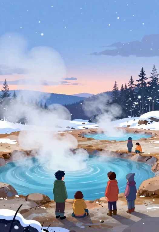 Geothermal Hot Springs Steaming At Dawn, Childrens Book Illu...