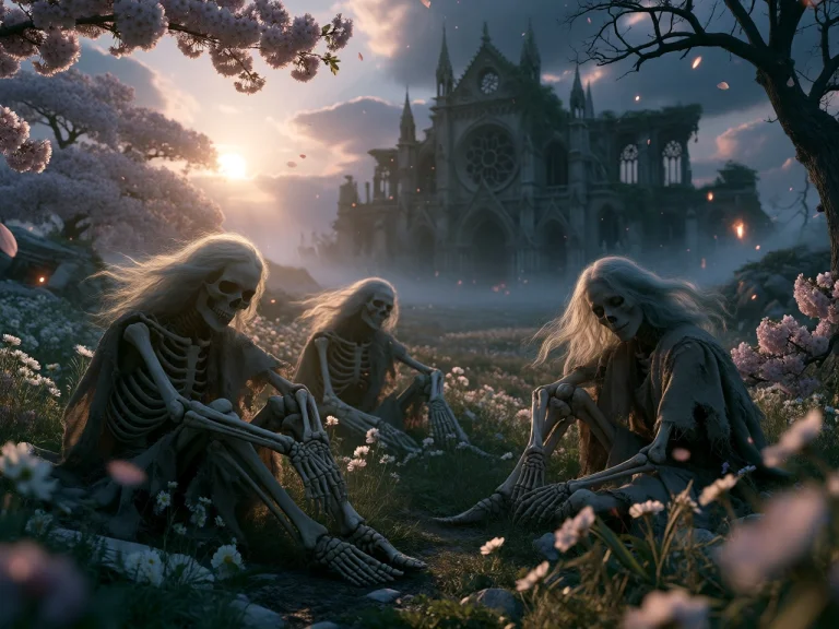 Subject Group Of Three Pale, Skeletal Warriors With Tattered...